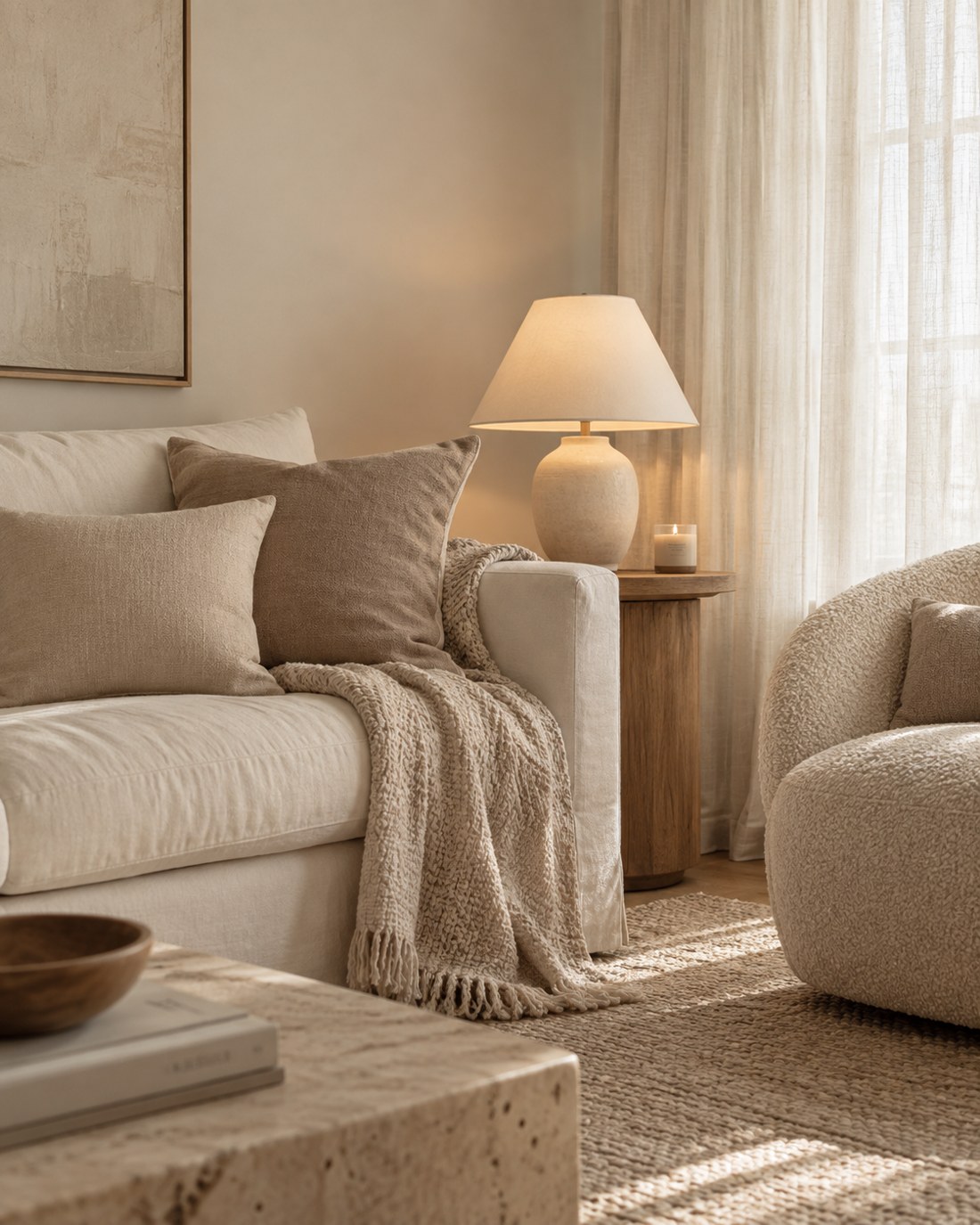A cozy cream interior with soft linen, neutral cushions and warm lamplight